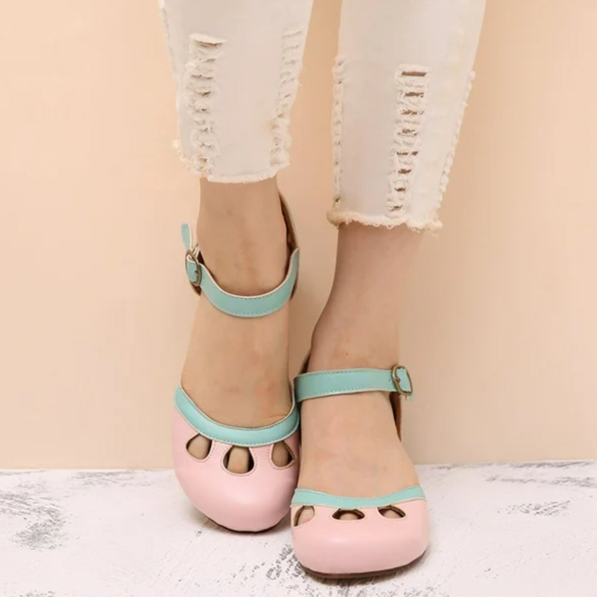 Women's Mary Jane Flats Cutout Toe Ankle Strap - Pink