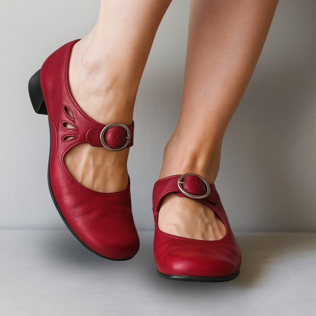 Women's Mary Jane Shoes Block Heel Buckle Strap - Red
