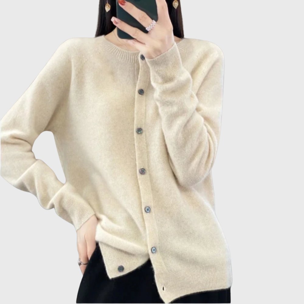 Women's Merino Wool Button-Front Round-Neck Cardigan - Beige