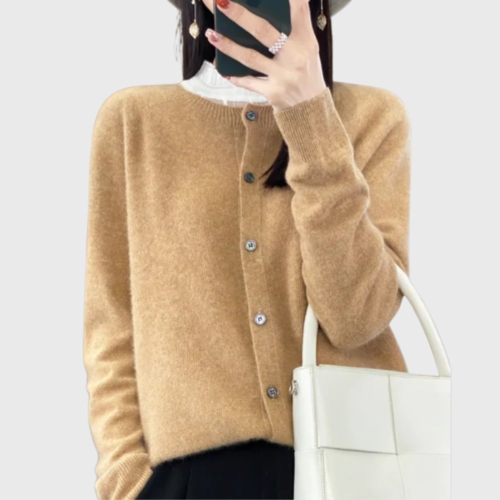 Women's Merino Wool Button-Front Round-Neck Cardigan - Camel