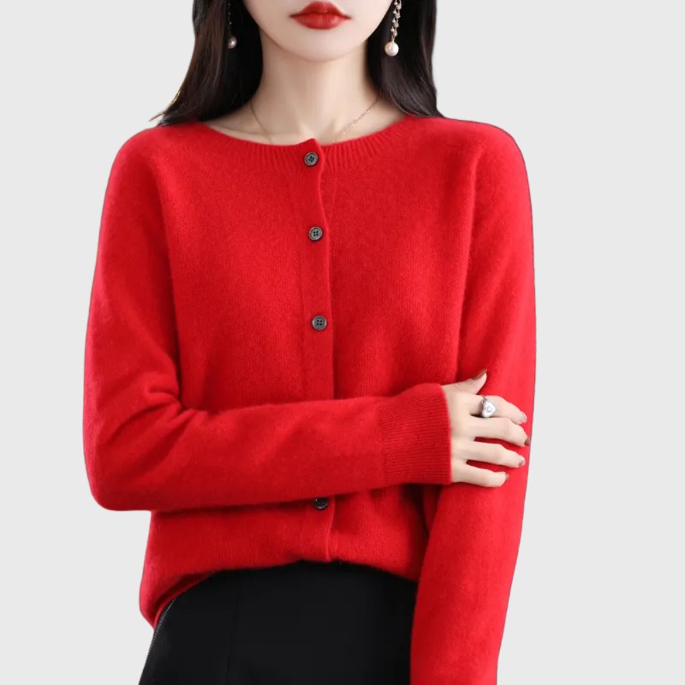 Women's Merino Wool Button-Front Round-Neck Cardigan - Red