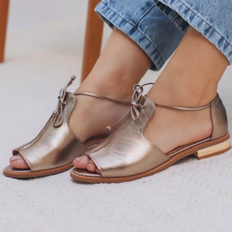 Women's Metallic Open-Toe Bow-Tie Strap Flat Sandals - Gold