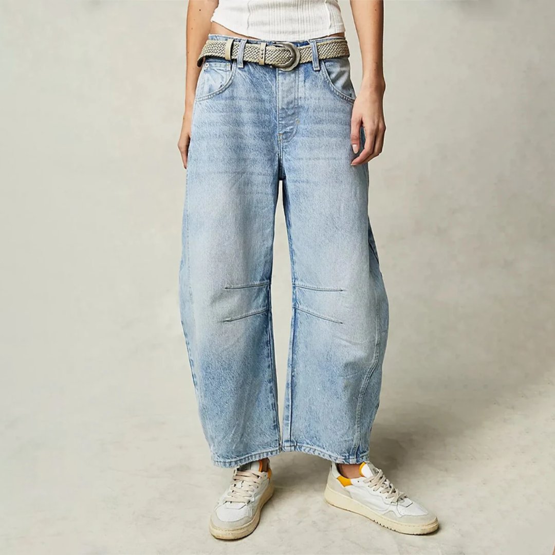 Women's Mid-Rise Cropped Barrel Leg Heavyweight Denim Jeans - Light Blue
