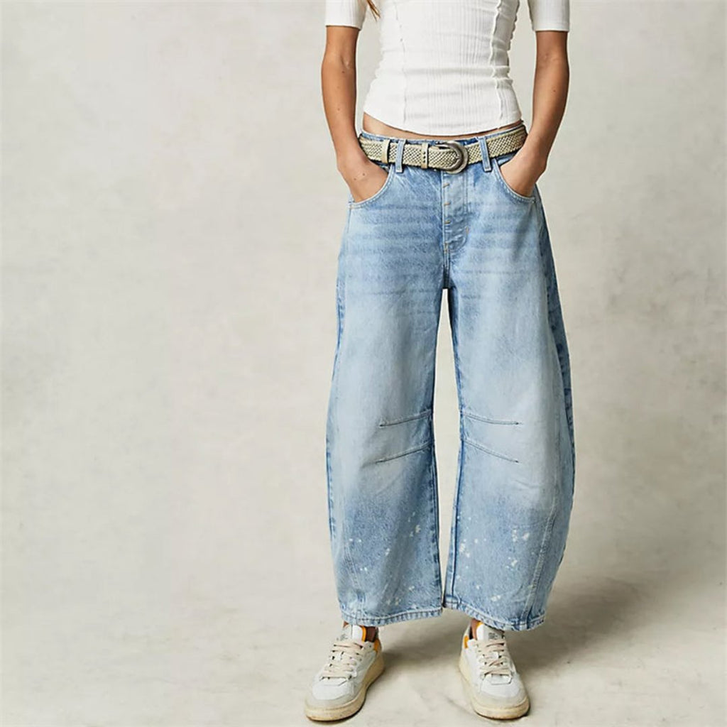 Women's Mid-Rise Cropped Barrel Leg Heavyweight Denim Jeans