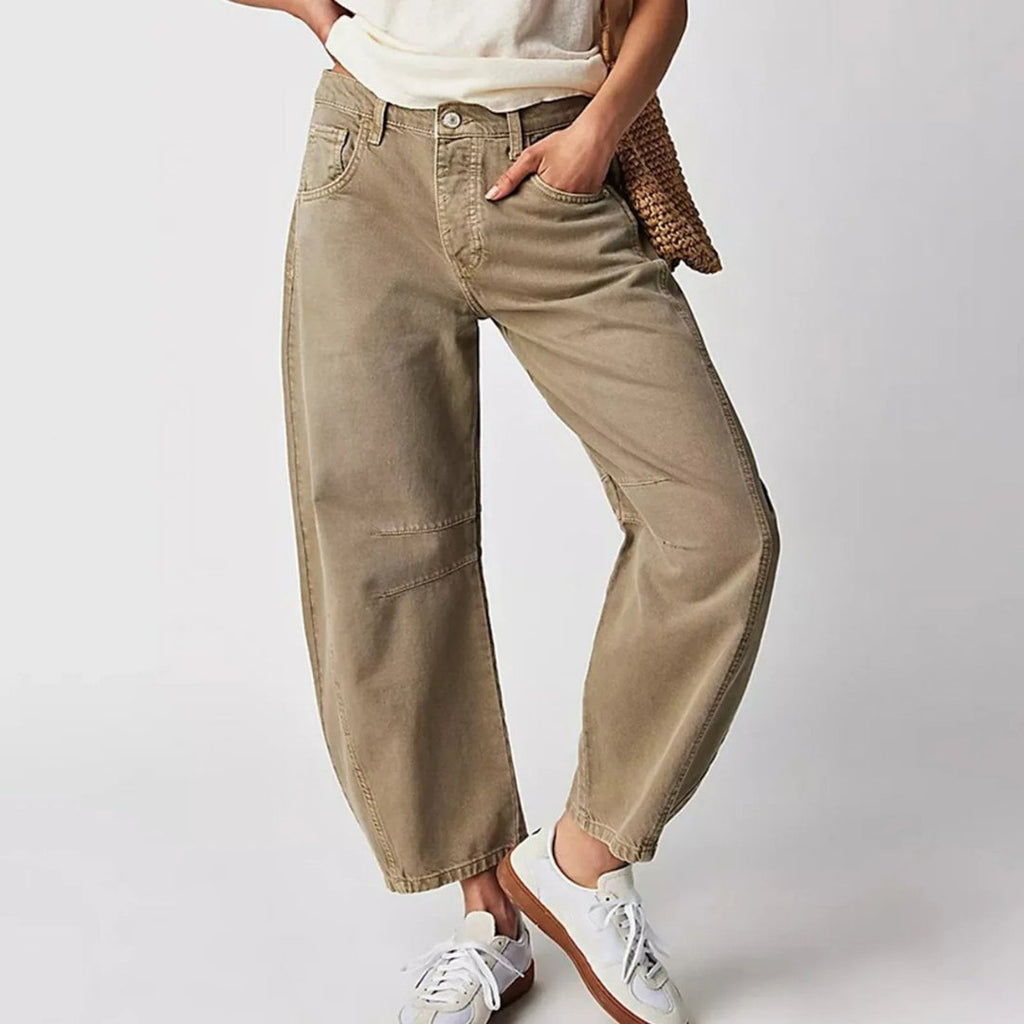 Women's Mid-Rise Cropped Barrel Leg Heavyweight Denim Jeans - Khaki