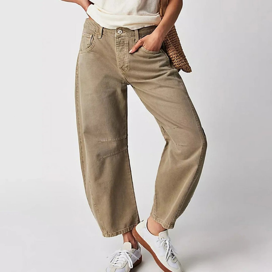 Women's Mid-Rise Cropped Barrel Leg Heavyweight Denim Jeans - Khaki