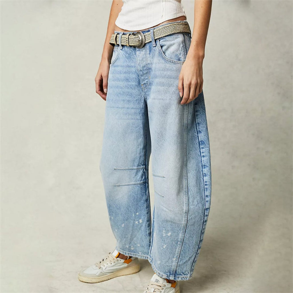 Women's Mid-Rise Cropped Barrel Leg Heavyweight Denim Jeans