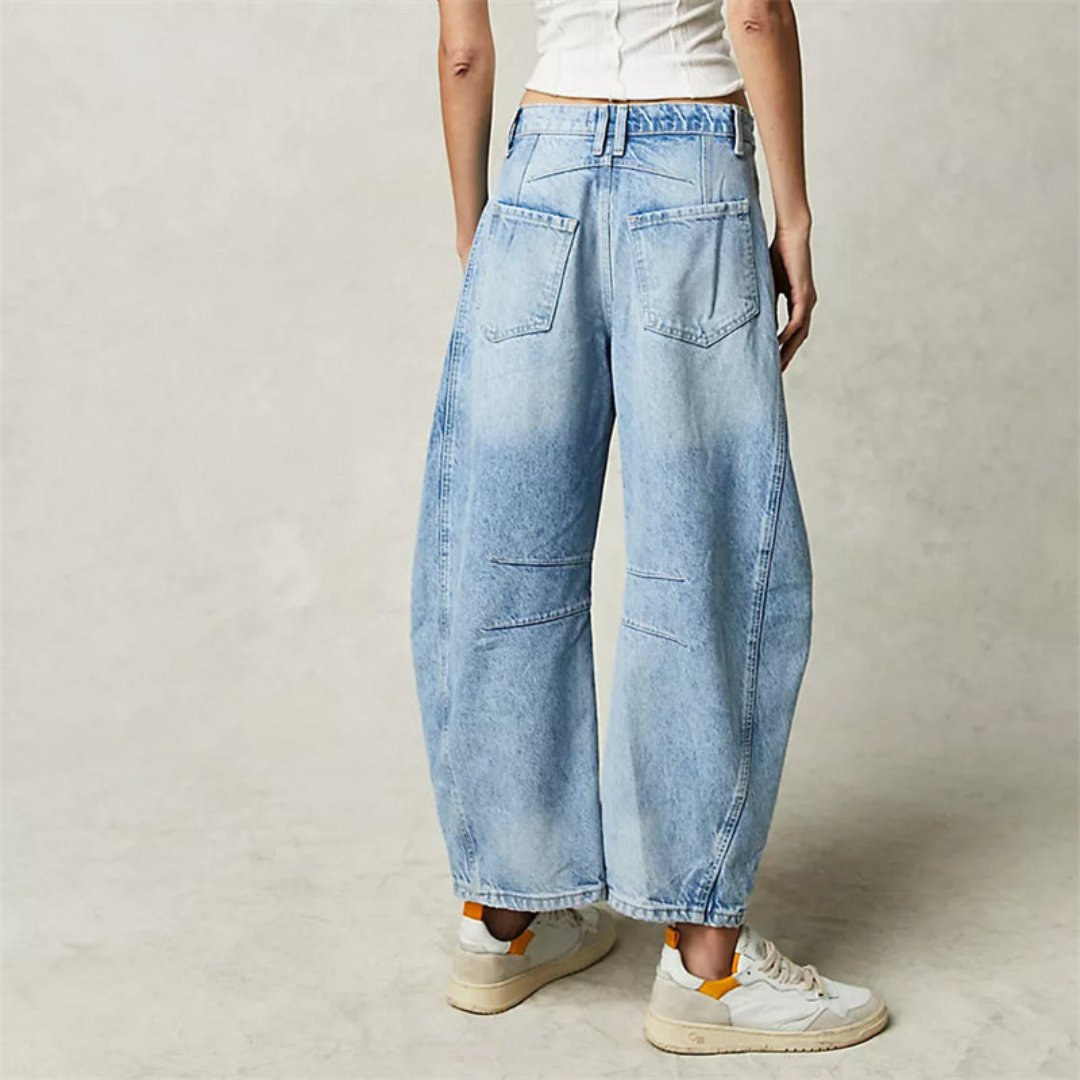 Women's Mid-Rise Cropped Barrel Leg Heavyweight Denim Jeans
