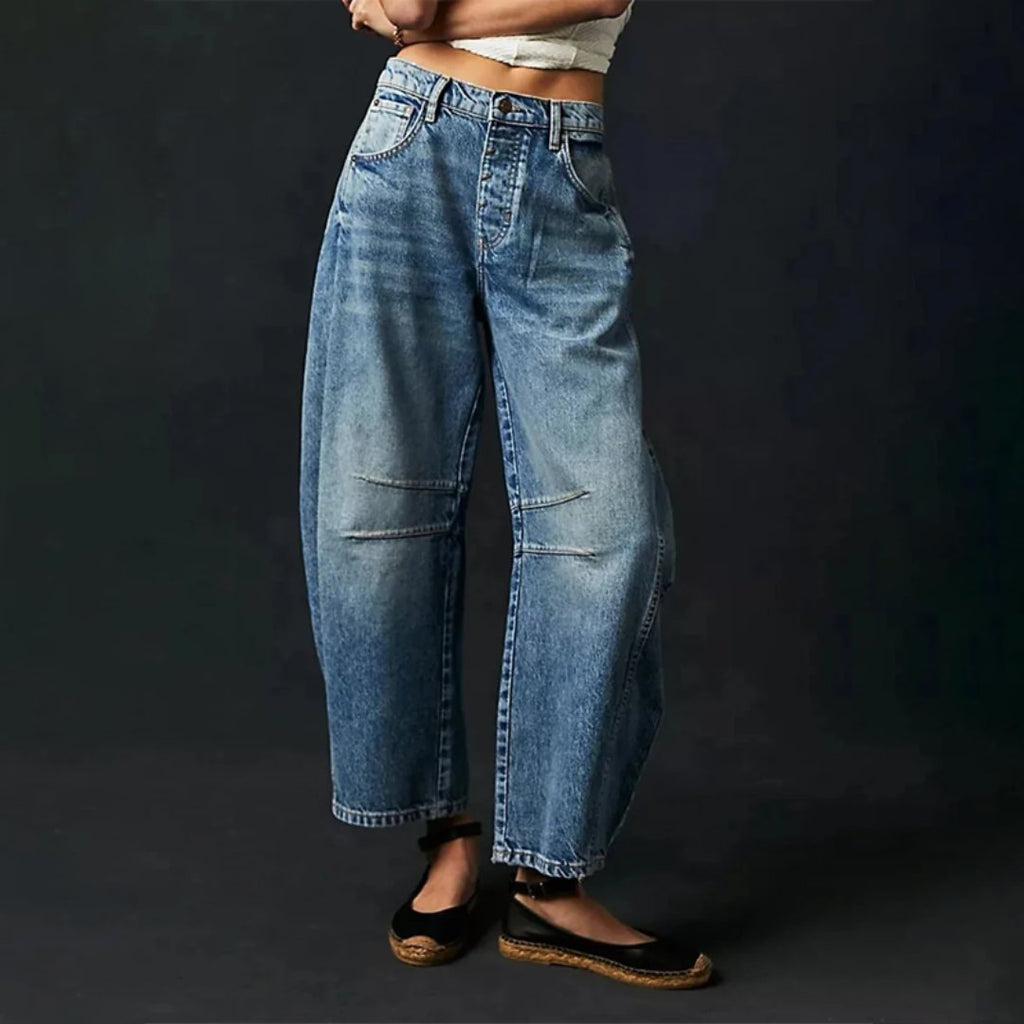 Women's Mid-Rise Cropped Barrel Leg Heavyweight Denim Jeans - Dark Blue
