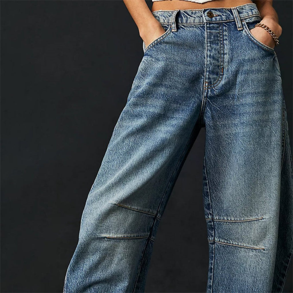 Women's Mid-Rise Cropped Barrel Leg Heavyweight Denim Jeans