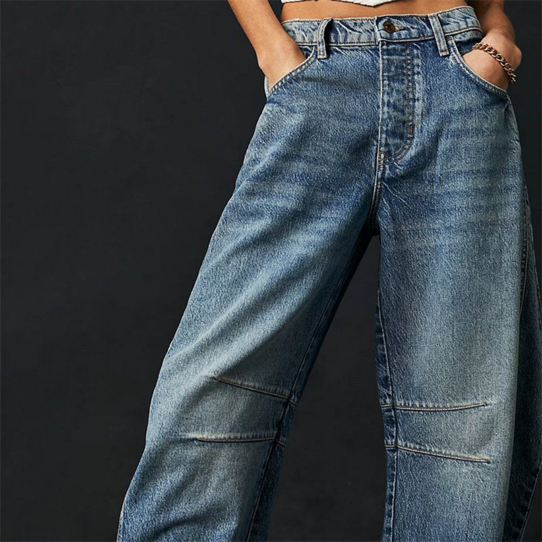 Women's Mid-Rise Cropped Barrel Leg Heavyweight Denim Jeans
