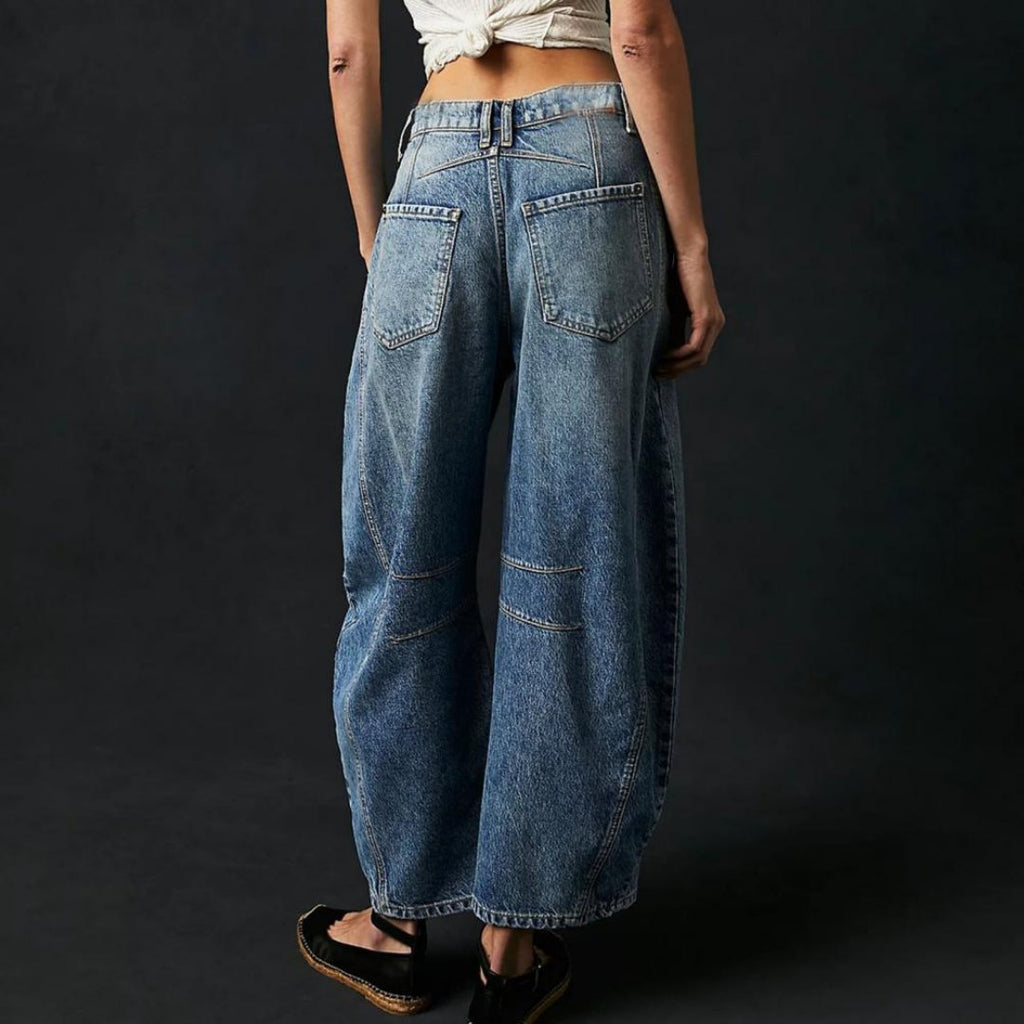 Women's Mid-Rise Cropped Barrel Leg Heavyweight Denim Jeans