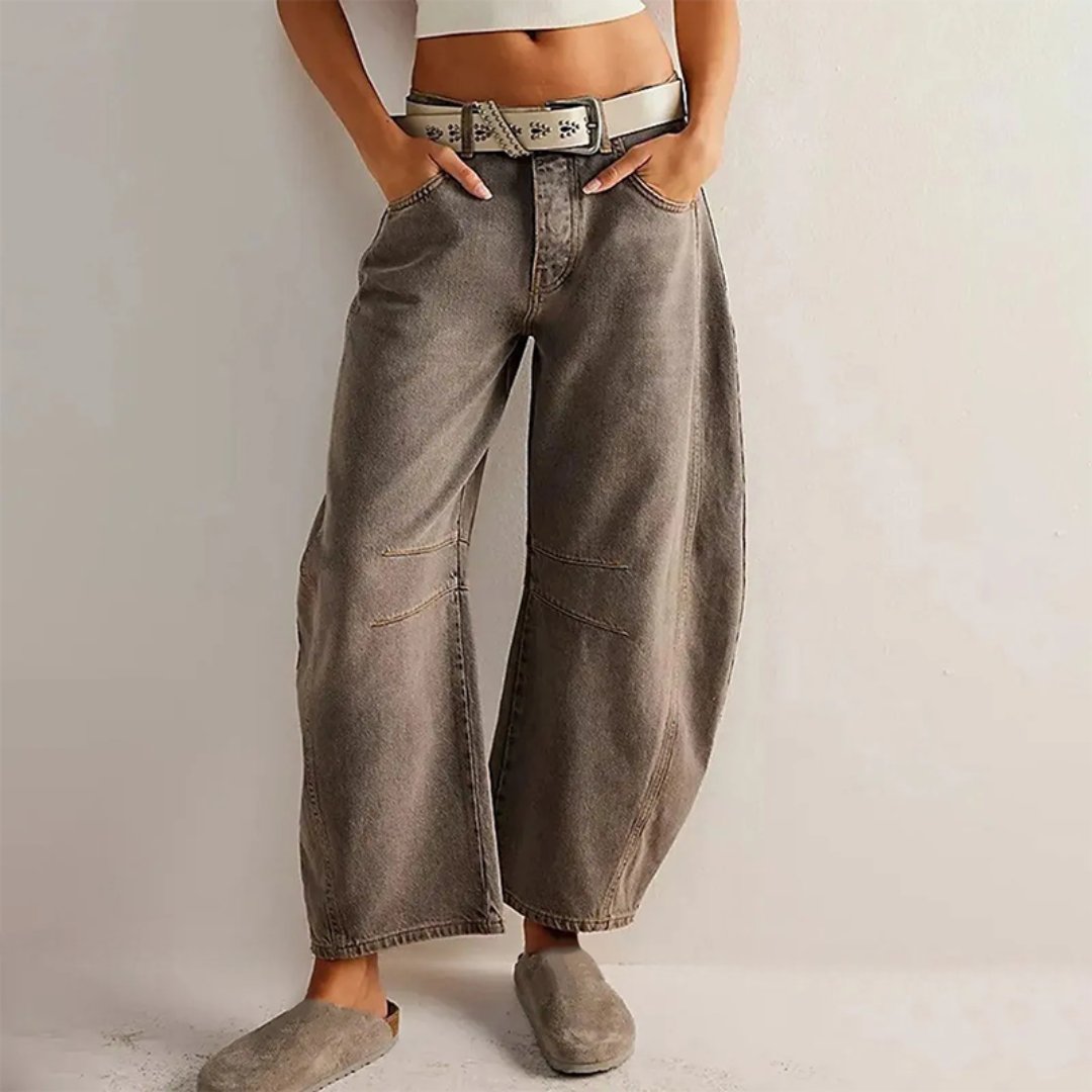 Women's Mid-Rise Cropped Barrel Leg Heavyweight Denim Jeans - Taupe