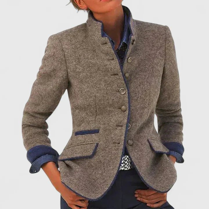 Women's Military Stand-Collar Wool Blend Equestrian Blazer - Brown