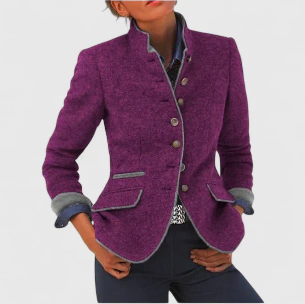 Women's Military Stand-Collar Wool Blend Equestrian Blazer - Purple