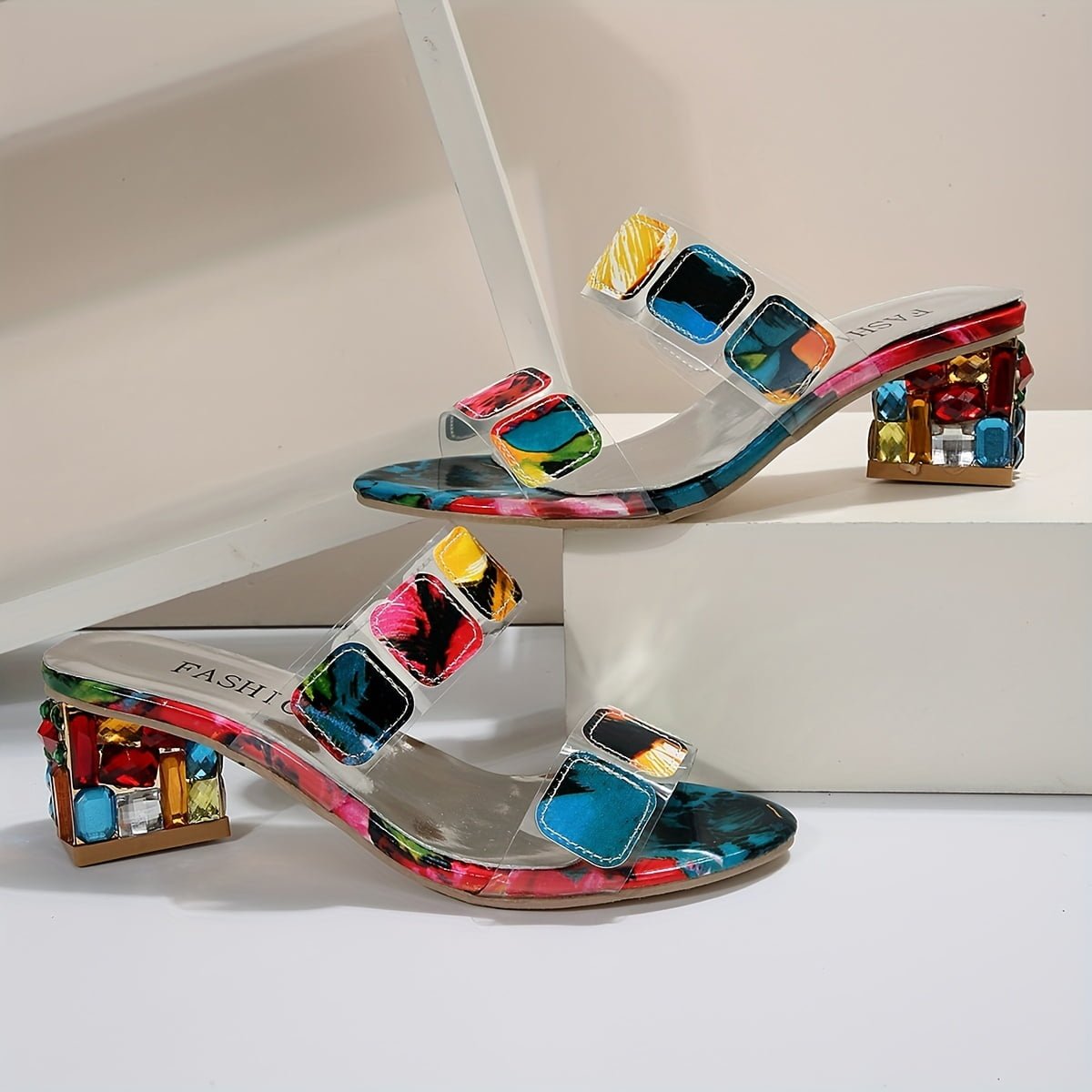 Women's Multi-Strap Block Heel Slide Sandals - Multicolor