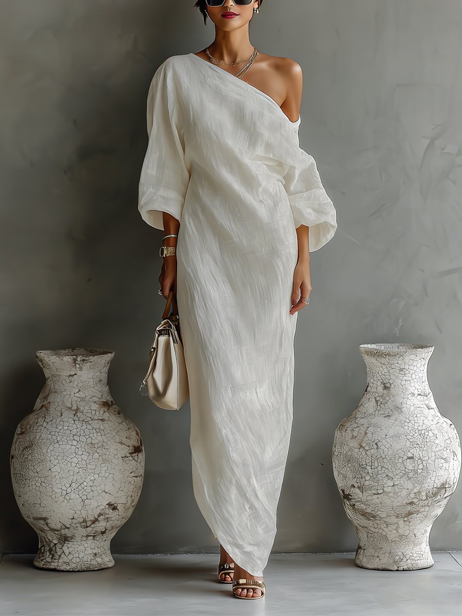 Women's One-Shoulder Cotton-Linen Maxi Dress - Ivory White