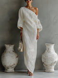 Women's One-Shoulder Cotton-Linen Maxi Dress - Ivory White