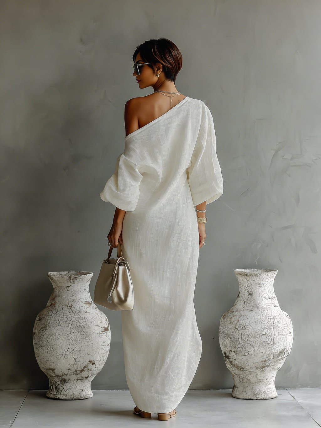 Women's One-Shoulder Cotton-Linen Maxi Dress