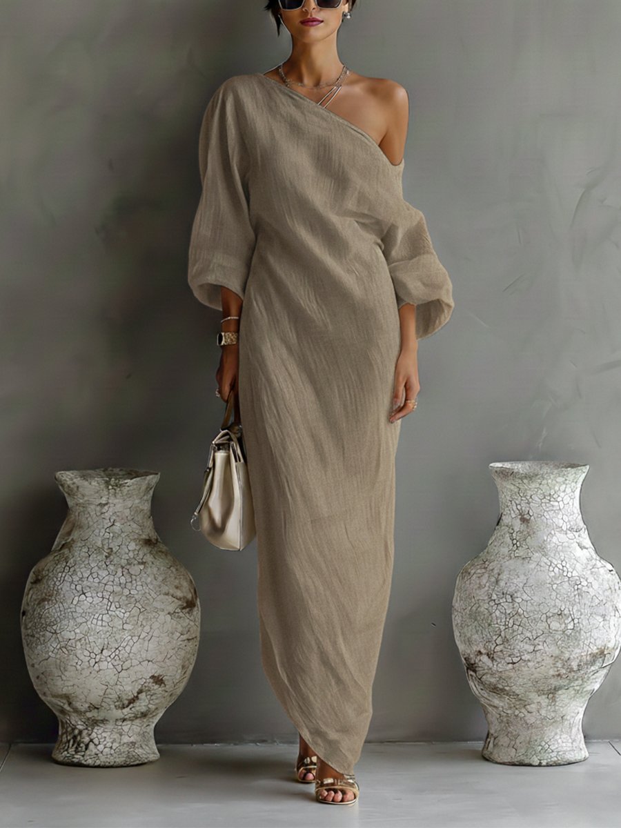 Women's One-Shoulder Cotton-Linen Maxi Dress - Khaki