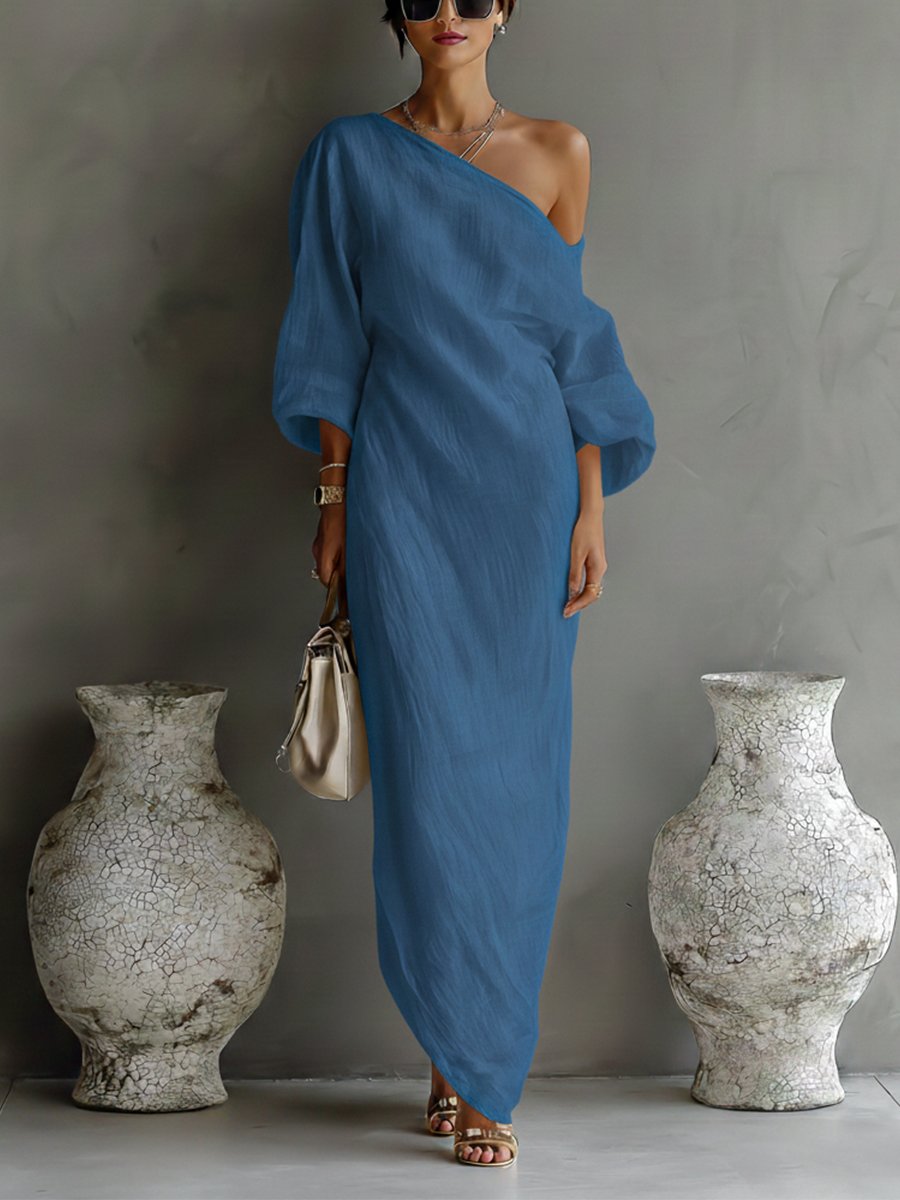 Women's One-Shoulder Cotton-Linen Maxi Dress - Blue