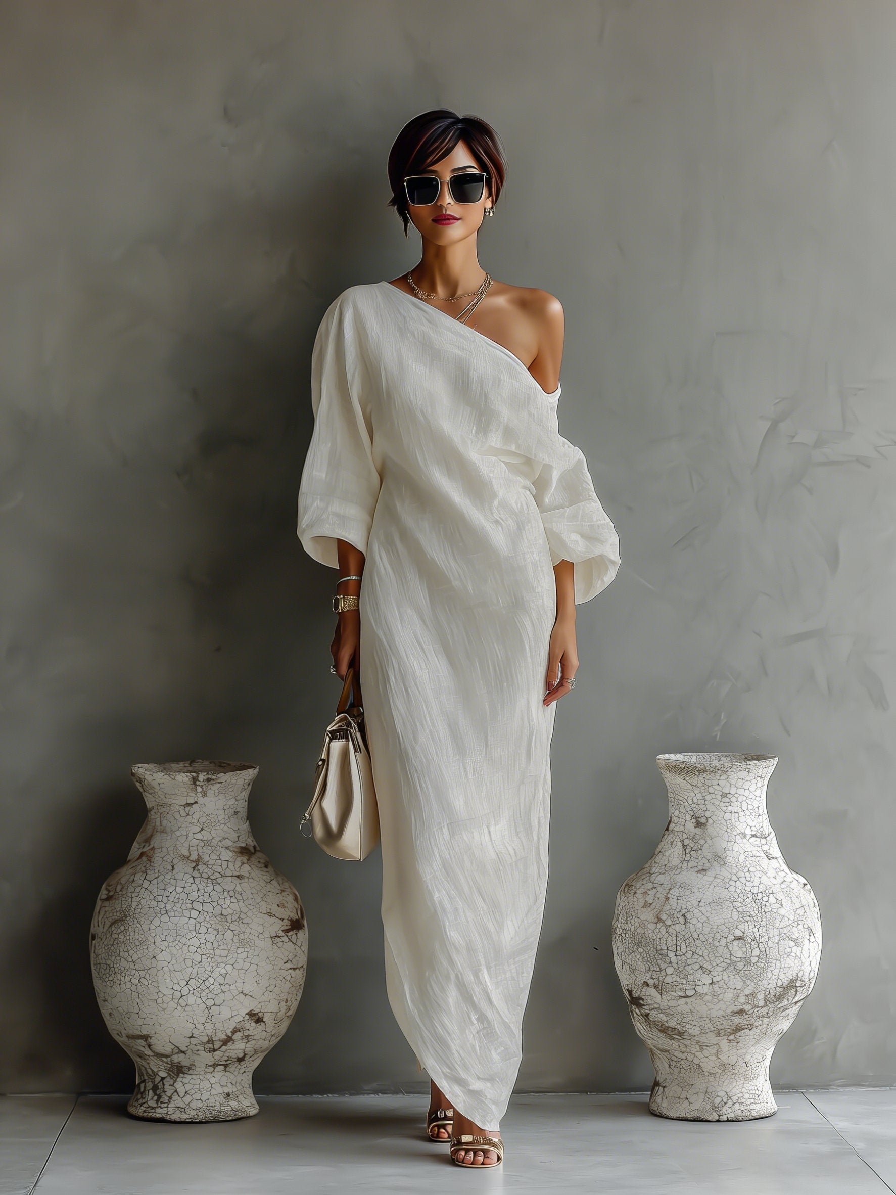 Women's One-Shoulder Cotton-Linen Maxi Dress