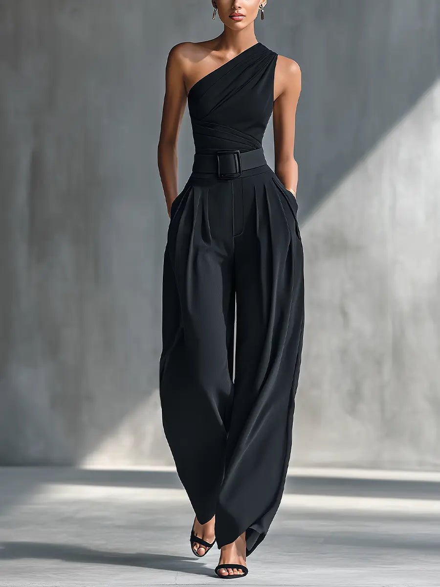 Women's One-Shoulder Knit Top Wide-Leg Pants Two-Piece Set - Black