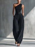 Women's One-Shoulder Knit Top Wide-Leg Pants Two-Piece Set - Black