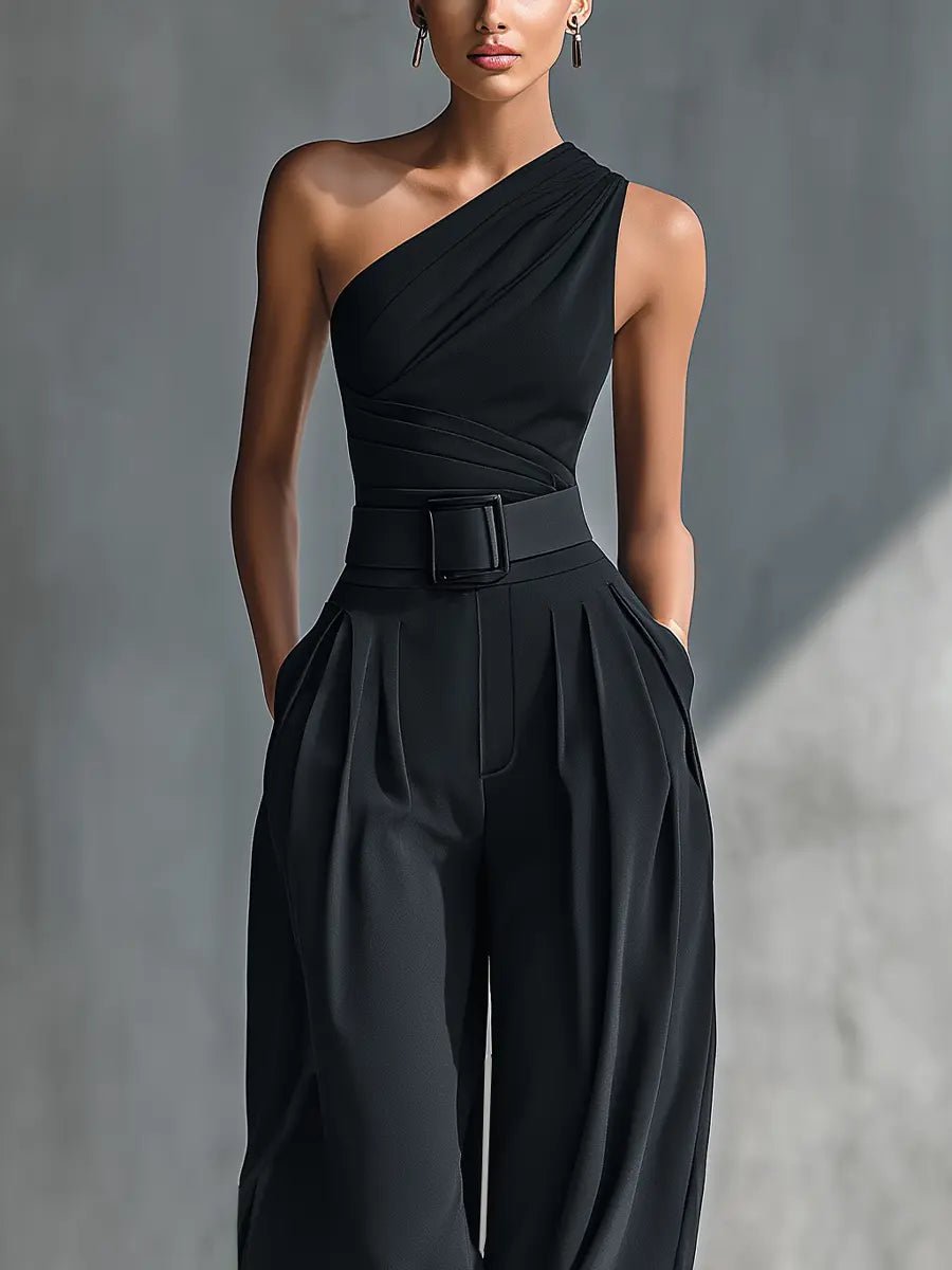 Women's One-Shoulder Knit Top Wide-Leg Pants Two-Piece Set