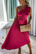 Women's One-Shoulder Pleated Maxi Dress with Floral Detail - Red