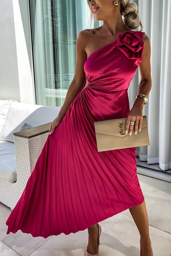 Women's One-Shoulder Pleated Maxi Dress with Floral Detail - Red