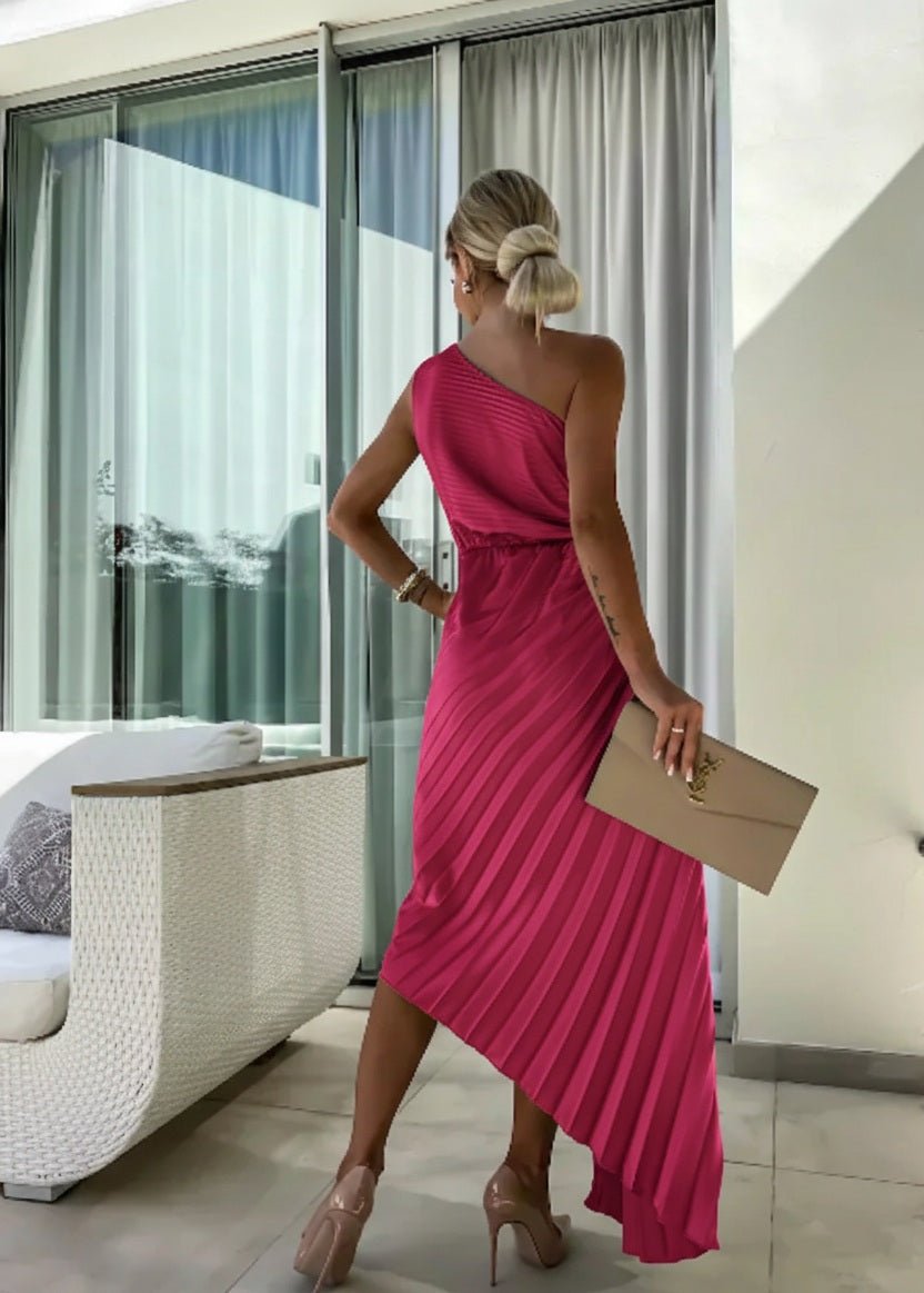 Women's One-Shoulder Pleated Maxi Dress with Floral Detail