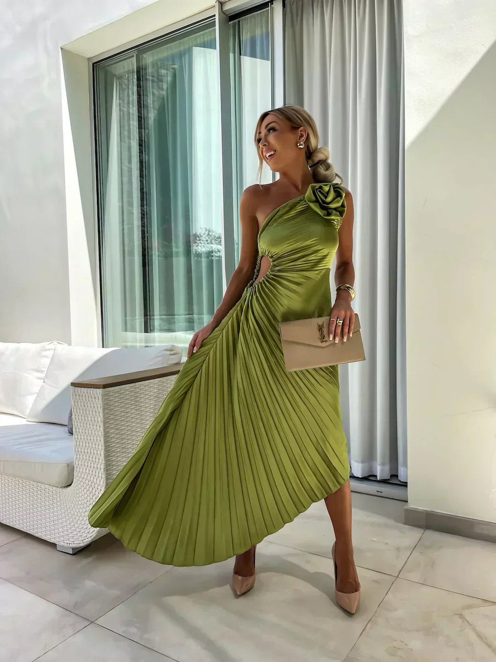 Women's One-Shoulder Pleated Maxi Dress with Floral Detail
