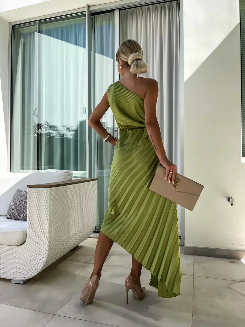 Women's One-Shoulder Pleated Maxi Dress with Floral Detail