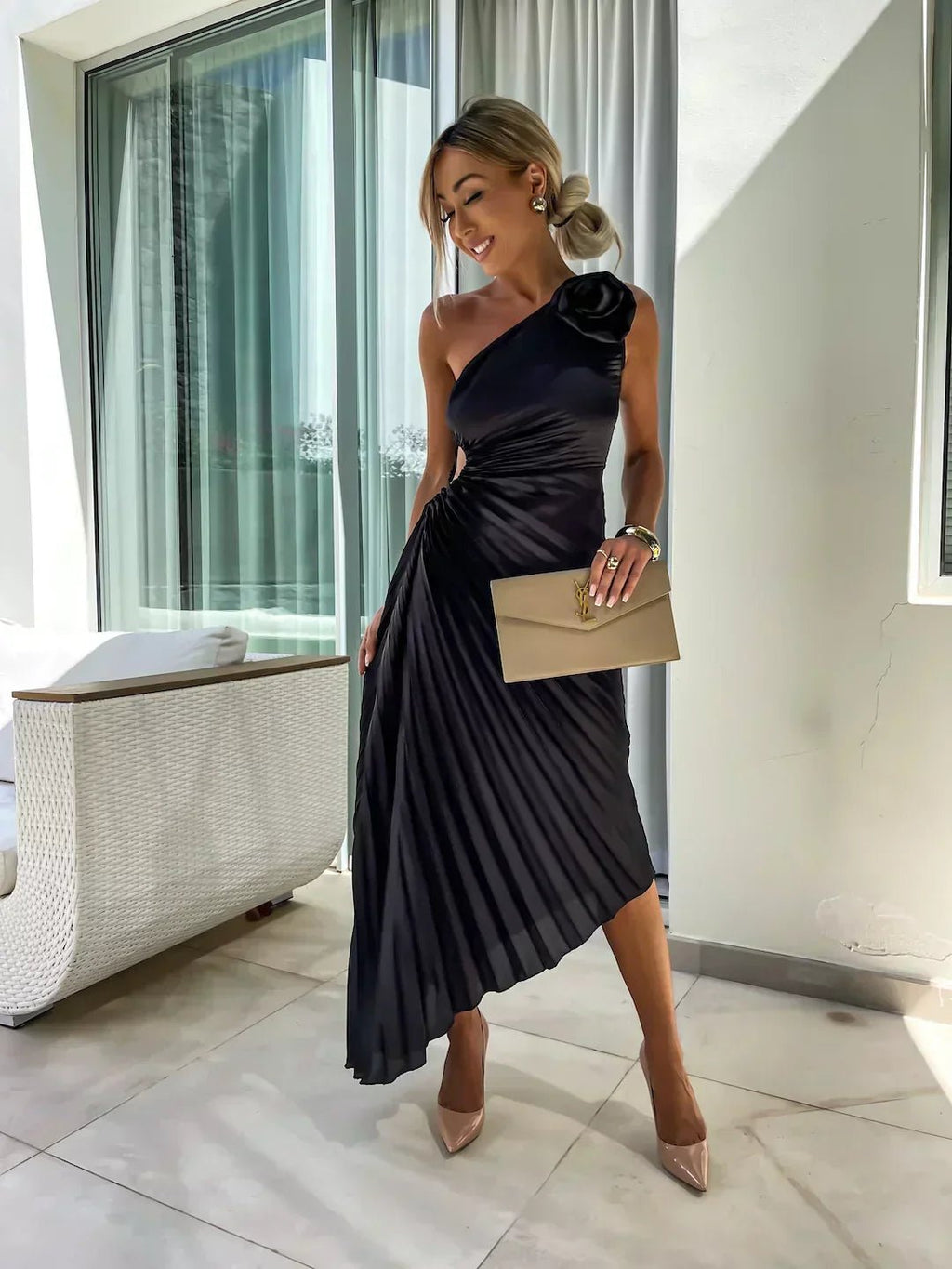 Women's One-Shoulder Pleated Maxi Dress with Floral Detail - Black