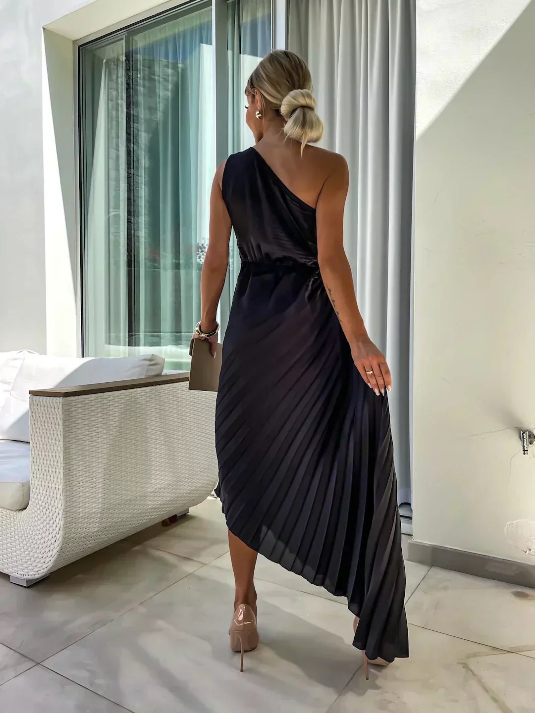 Women's One-Shoulder Pleated Maxi Dress with Floral Detail