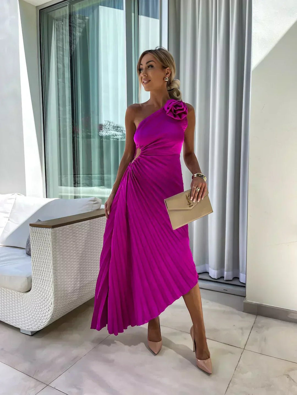 Women's One-Shoulder Pleated Maxi Dress with Floral Detail - Purple