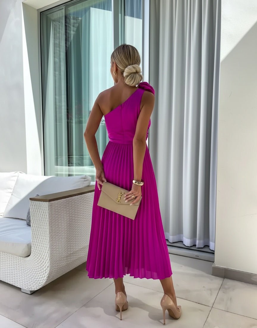Women's One-Shoulder Pleated Maxi Dress with Floral Detail