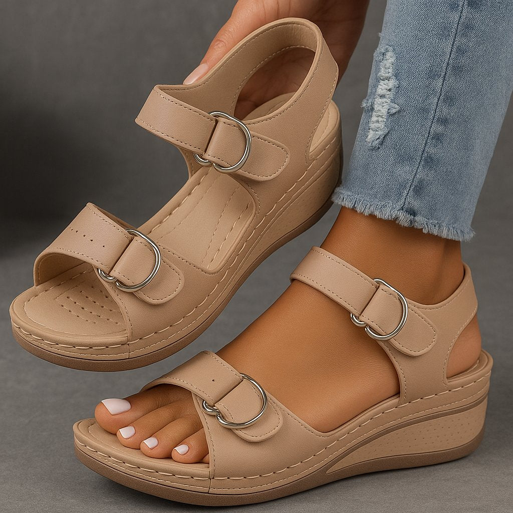 Women's Orthopedic Adjustable-Strap Wedge Sandals - Khaki