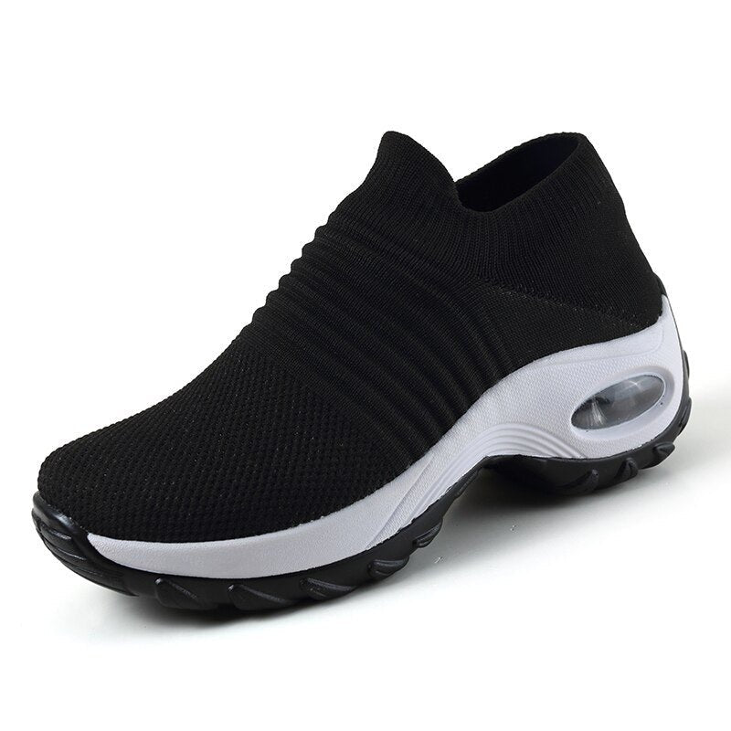 Women's Orthopedic Air-Cushioned Slip-On Walking Sneakers - Black (White Sole)