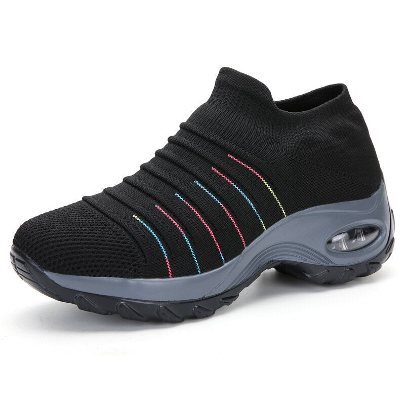 Women's Orthopedic Air-Cushioned Slip-On Walking Sneakers - Black (Colored Stripes)