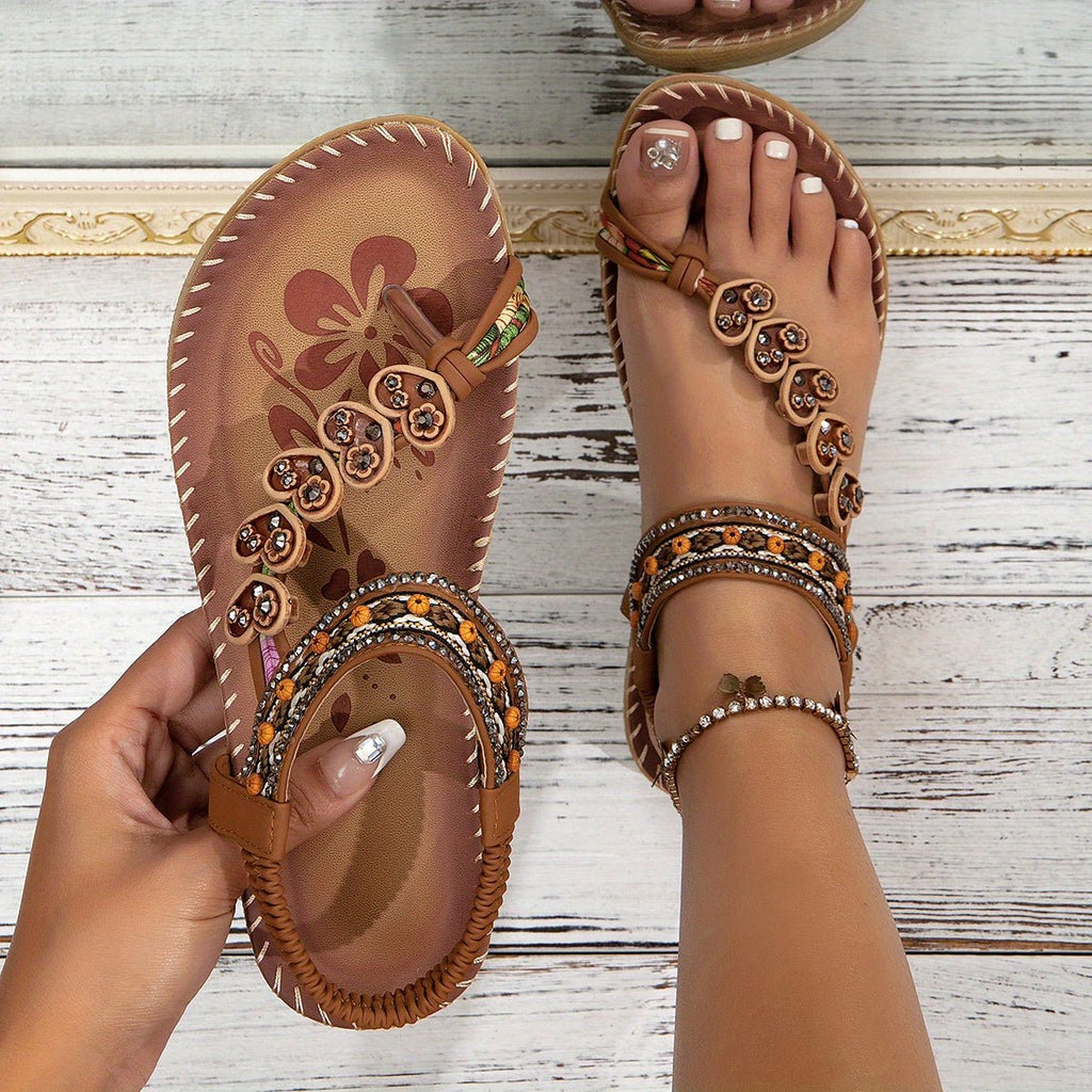 Women's Orthopedic Beaded Ankle-Strap Flat Sandals - Caramel