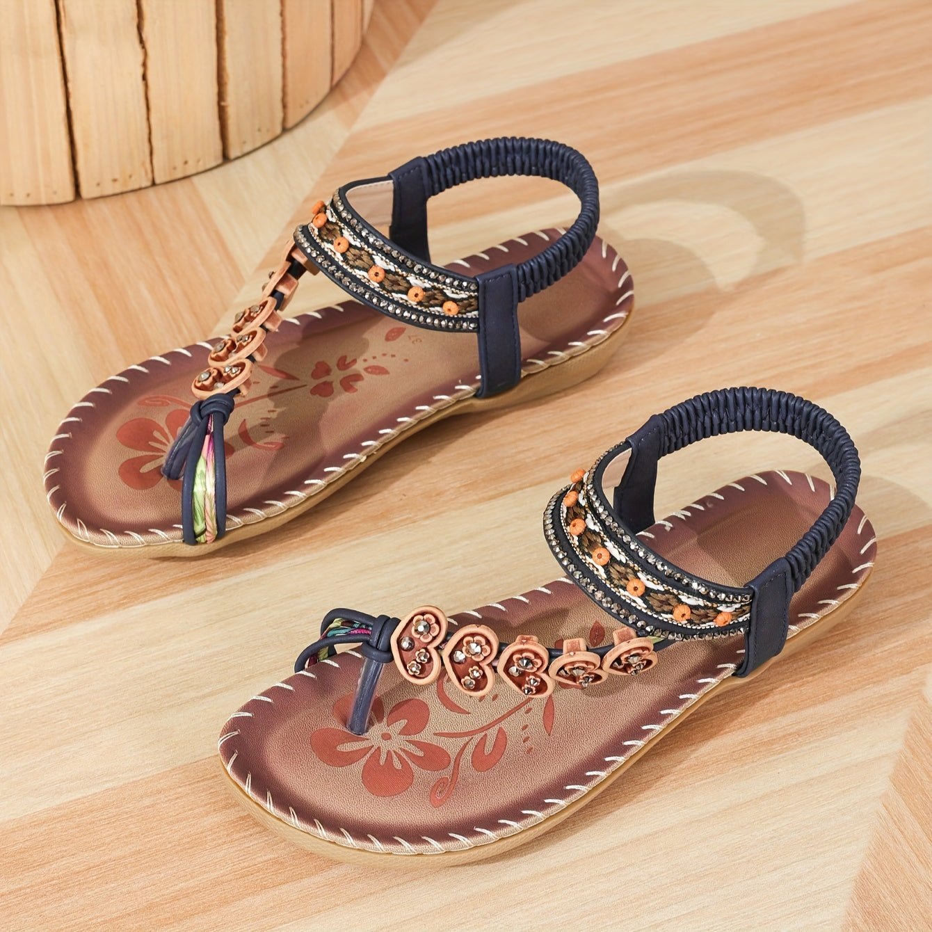 Women's Orthopedic Beaded Ankle-Strap Flat Sandals - Ocean Blue