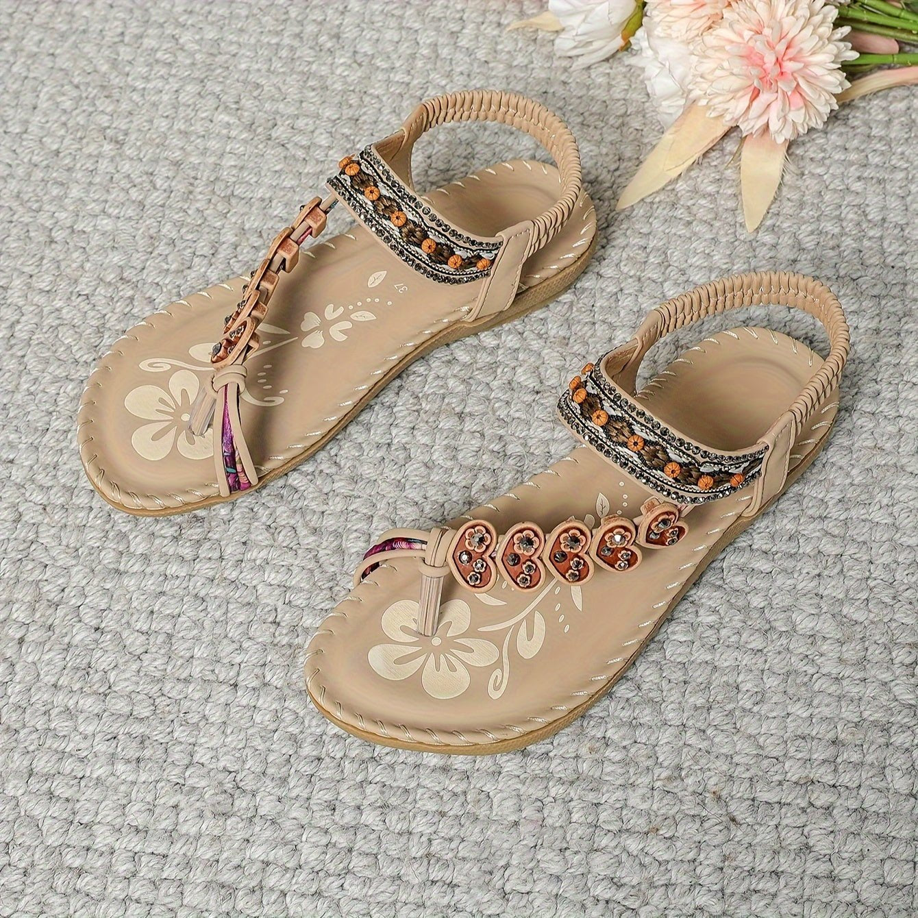 Women's Orthopedic Beaded Ankle-Strap Flat Sandals - Apricot