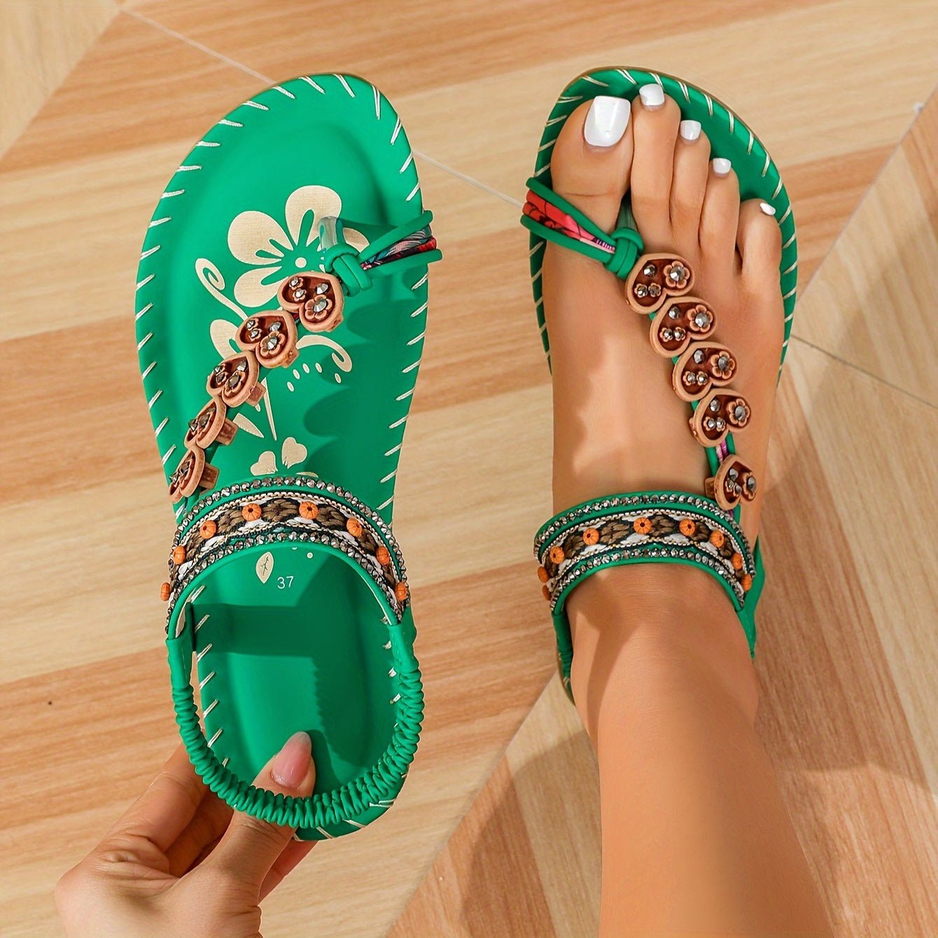 Women's Orthopedic Beaded Ankle-Strap Flat Sandals