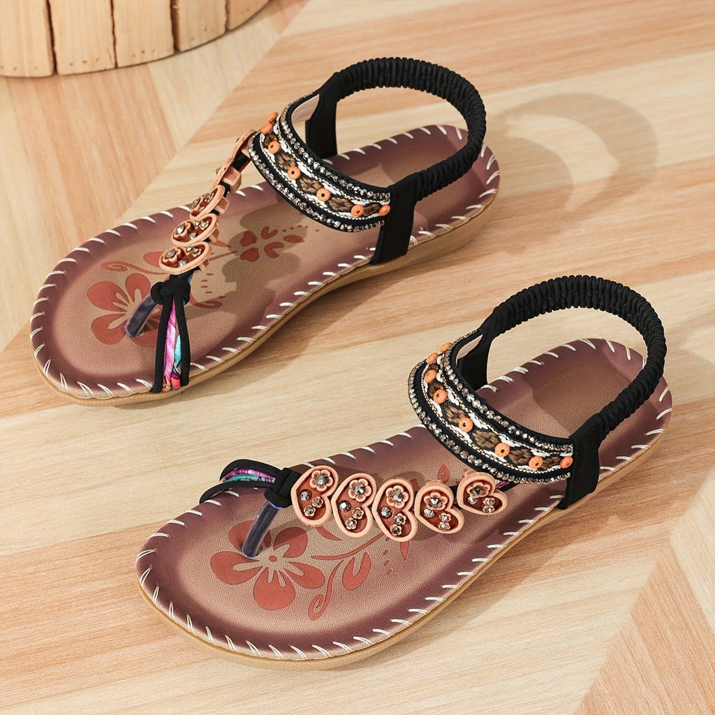 Women's Orthopedic Beaded Ankle-Strap Flat Sandals - Black