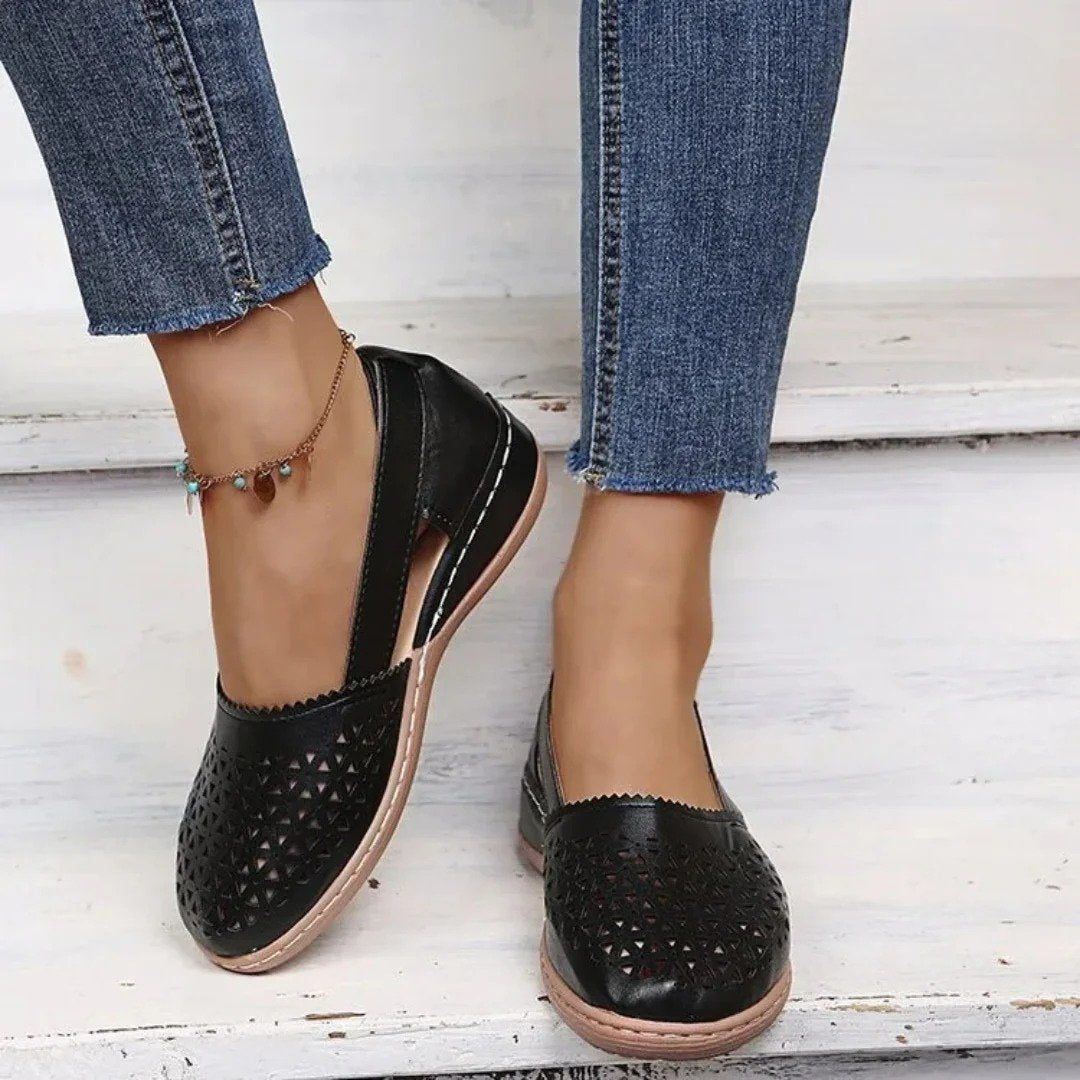 Women's Orthopedic Breathable Cutout Slip-On Flats - Black