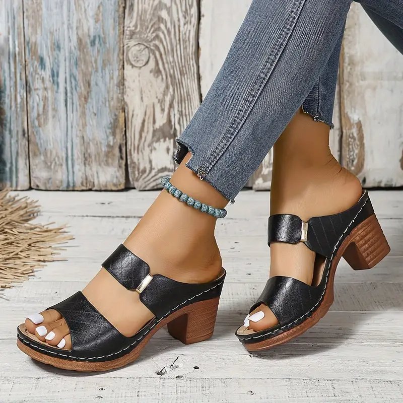 Women's Orthopedic Cushioned Block-Heel Platform Sandals - Black