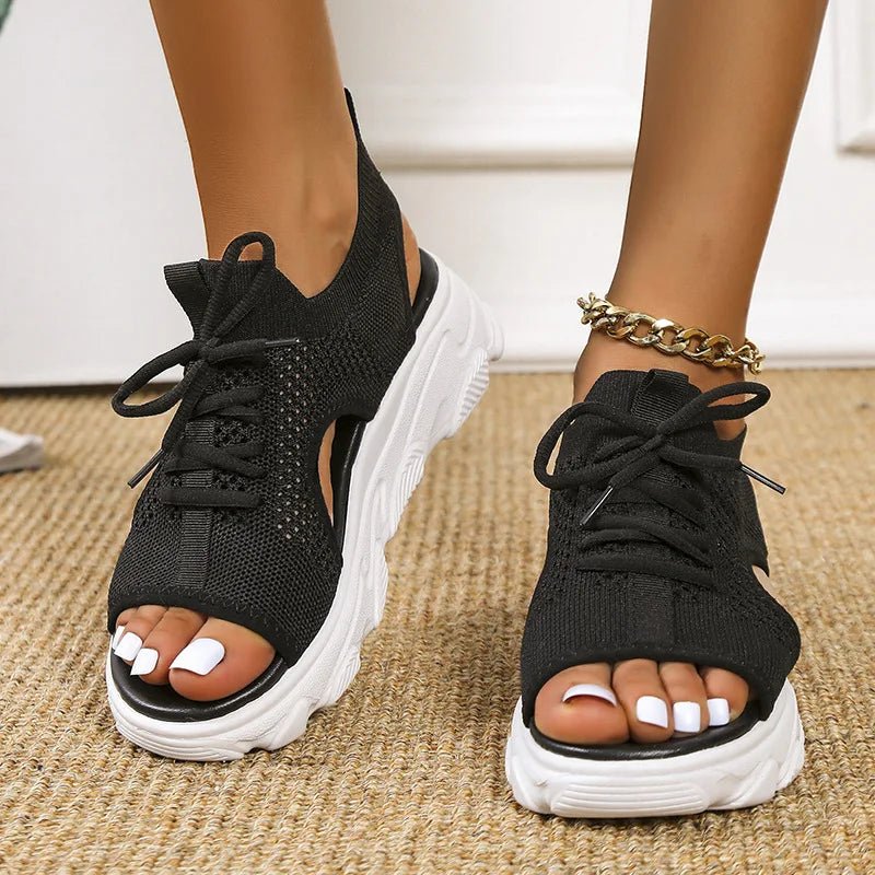 Women's Orthopedic Lace-Up Knit Platform Sandals - Black