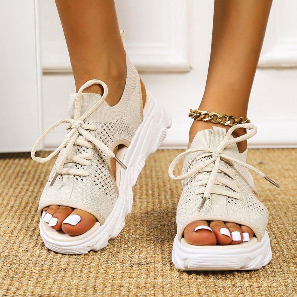 Women's Orthopedic Lace-Up Knit Platform Sandals - Beige